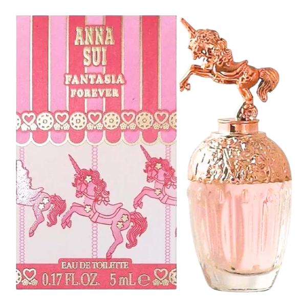Anna Sui Fantasia Forever perfume bottle and packaging with unicorn design.
Mini Anna Sui Fantasia Forever perfume, luxury mini perfume, mini perfumes in Australia, perfumes in Australia, handbag perfumes, sample decants, ample luxury perfume bottles, perfume bottles, Miniature perfumes.